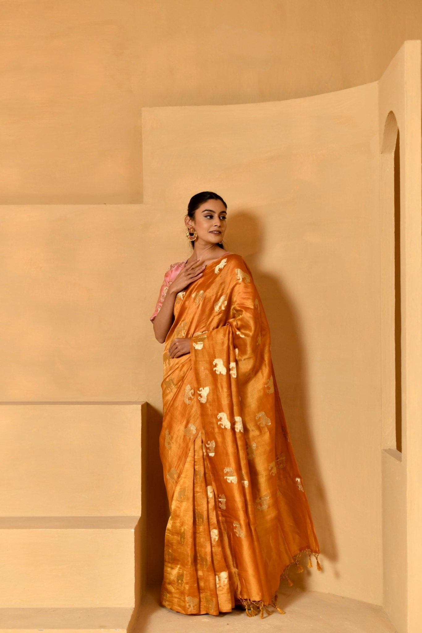 Figure Motifs Woven on Mustard Chiniya Silk Saree - Banarasiya