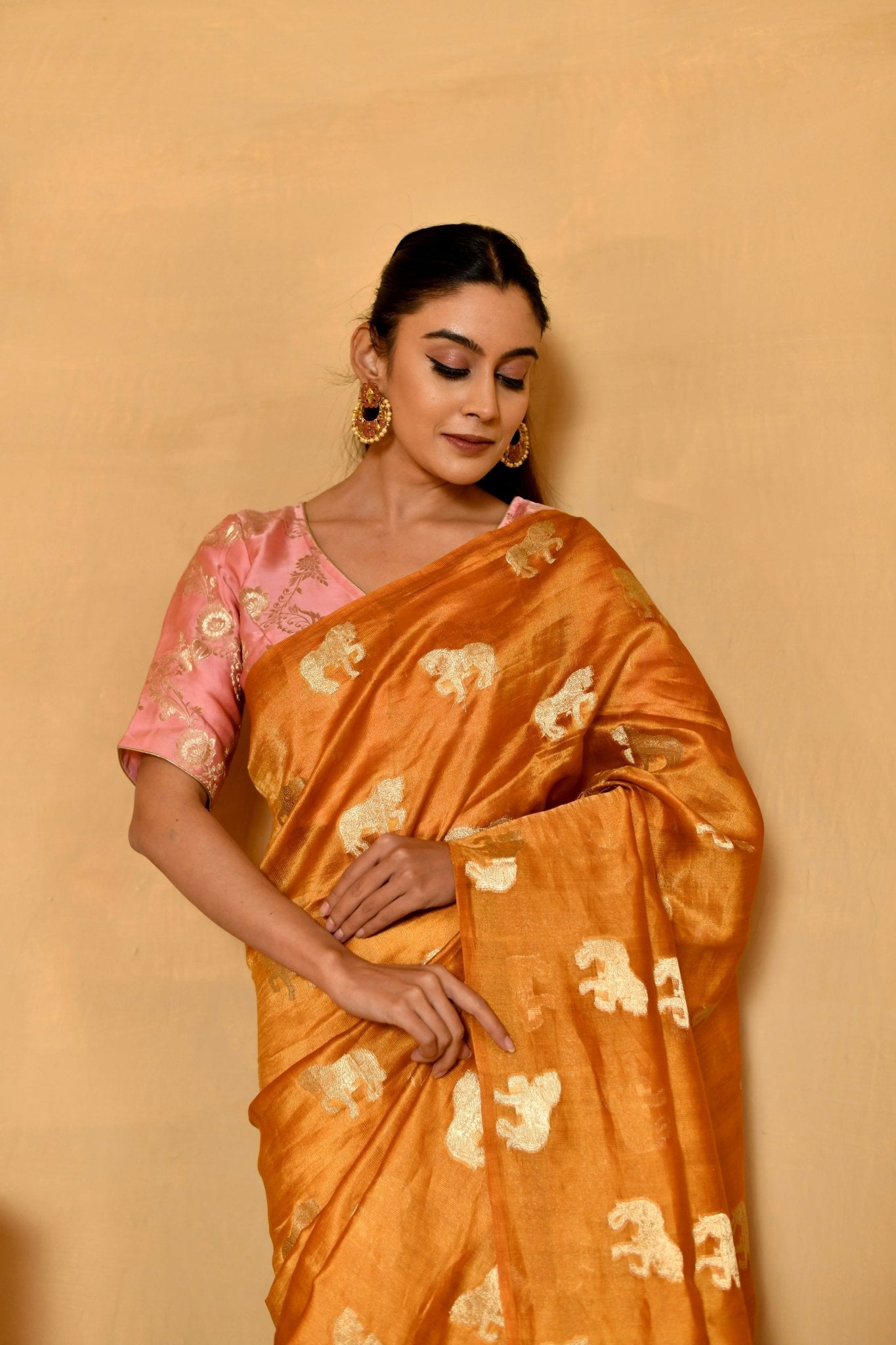 Figure Motifs Woven on Mustard Chiniya Silk Saree - Banarasiya