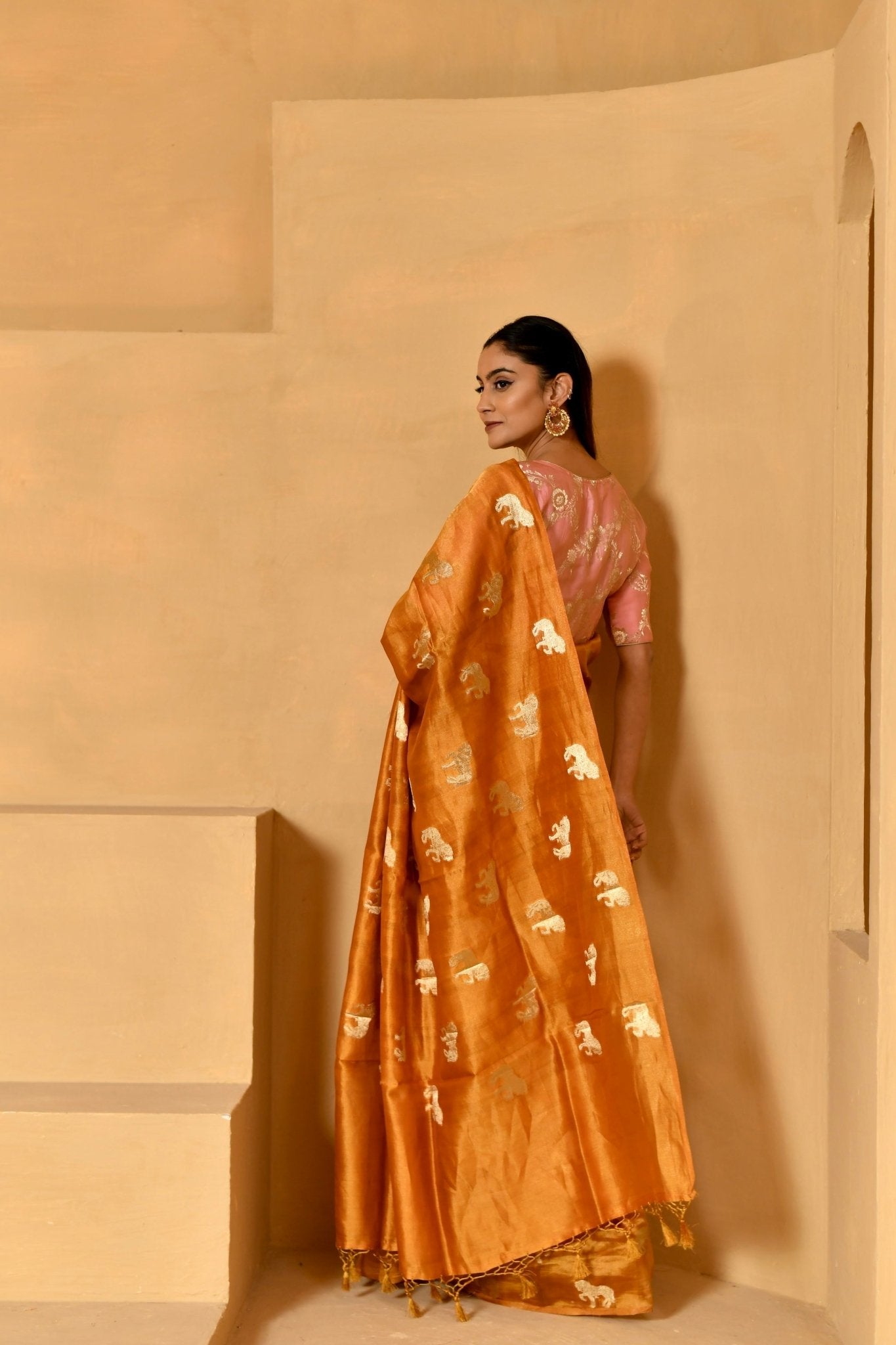 Figure Motifs Woven on Mustard Chiniya Silk Saree - Banarasiya