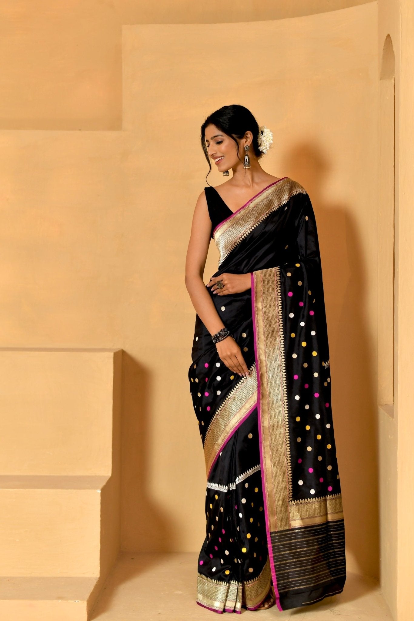 Handwoven Black Katan Silk with Dollar Motifs - Banarasiya