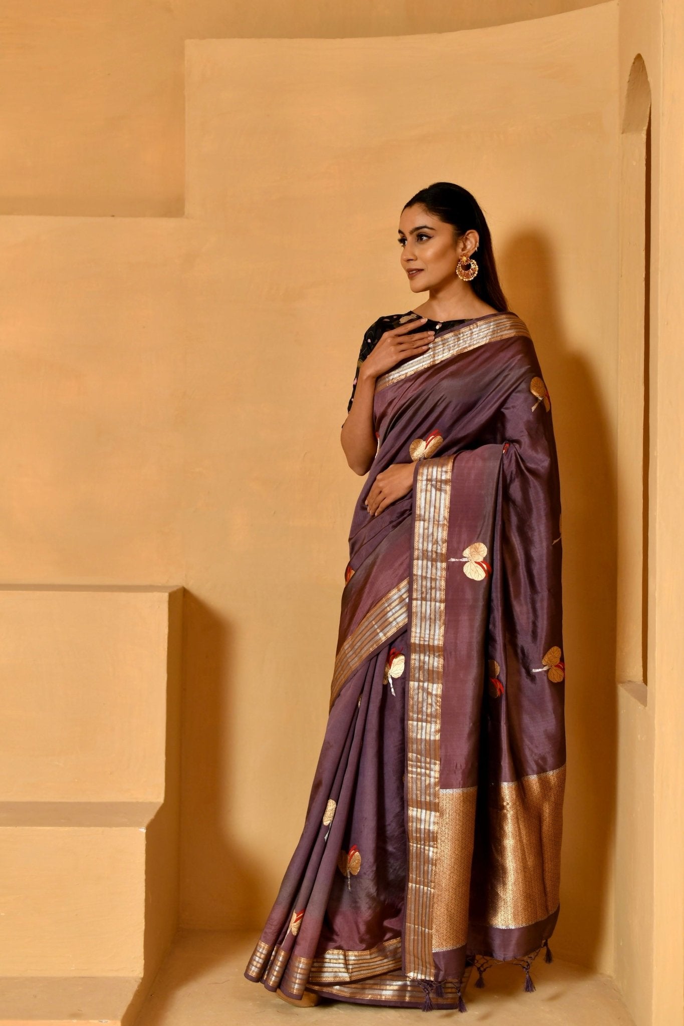 Handwoven Katan Silk Saree in Smoky Purple - Banarasiya