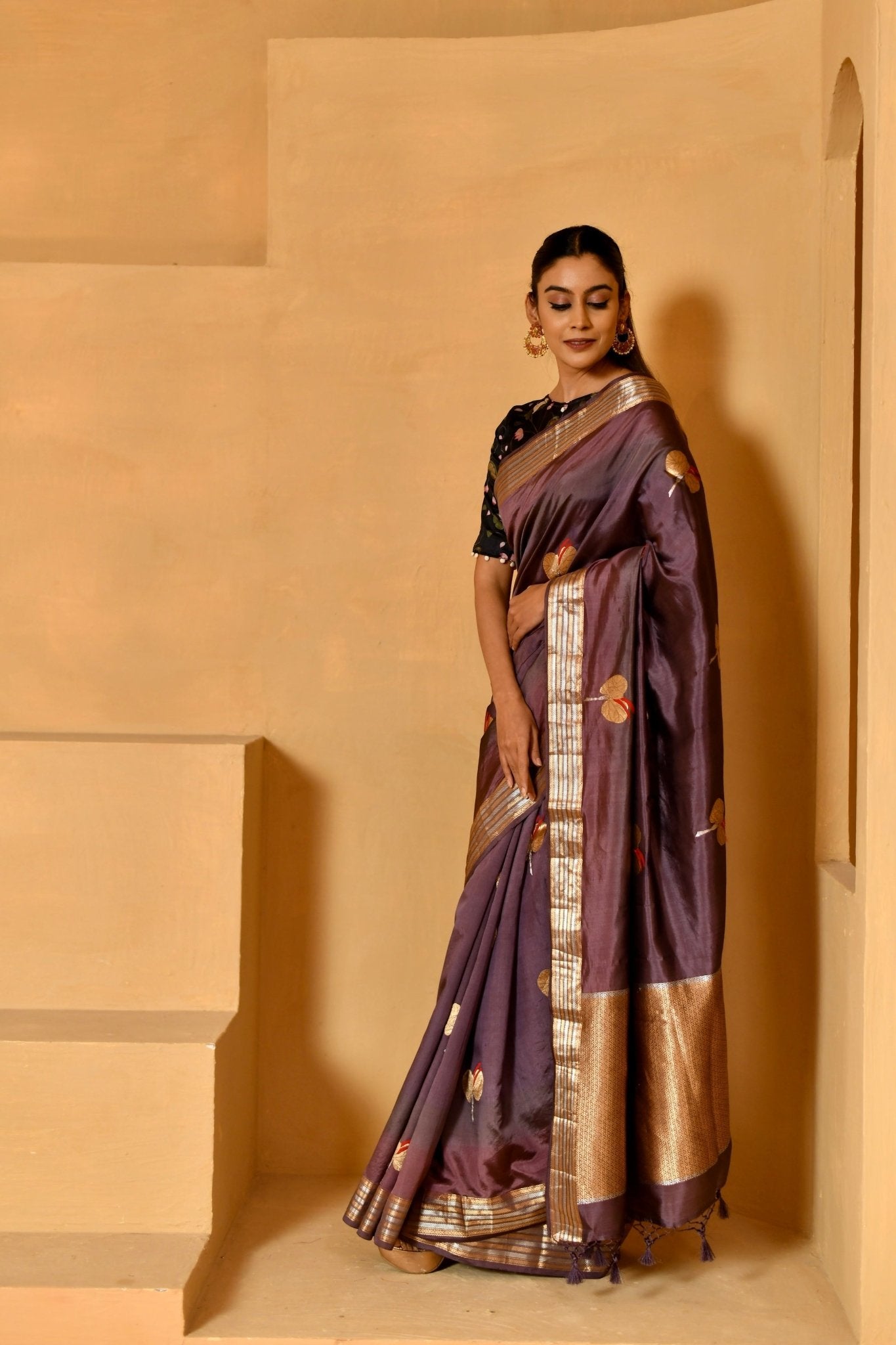 Handwoven Katan Silk Saree in Smoky Purple - Banarasiya