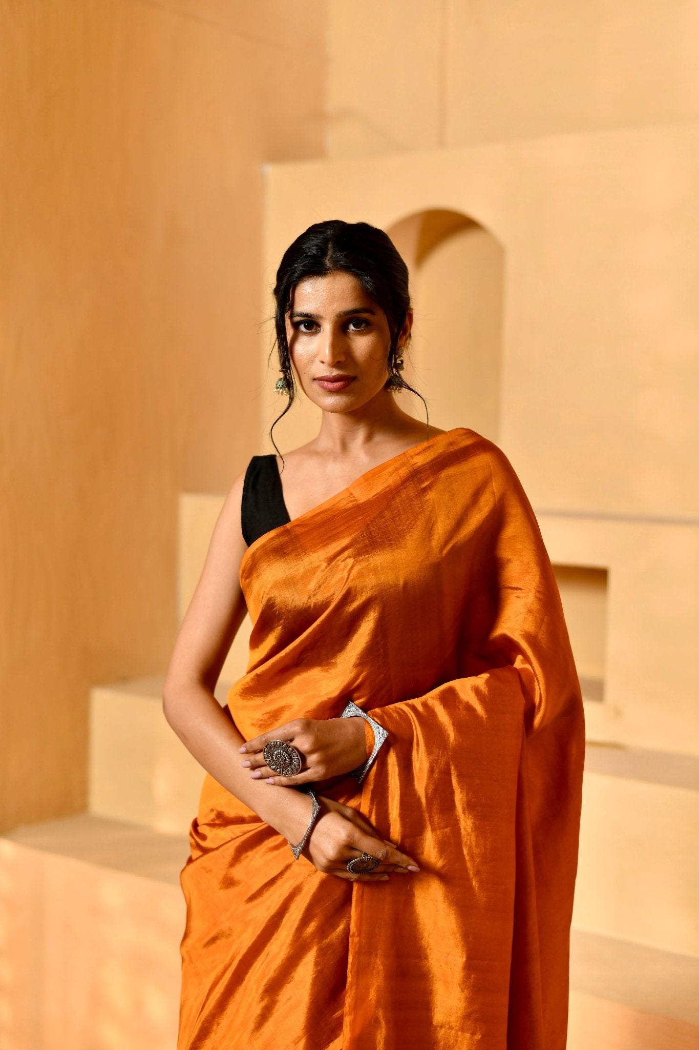 Handwoven Katan Silk in Marigold with Figure Pallu - Banarasiya