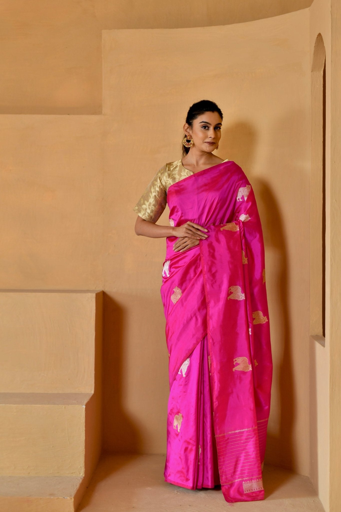 Handwoven Katan Silk in Vivid Pink with Shikargah - Banarasiya