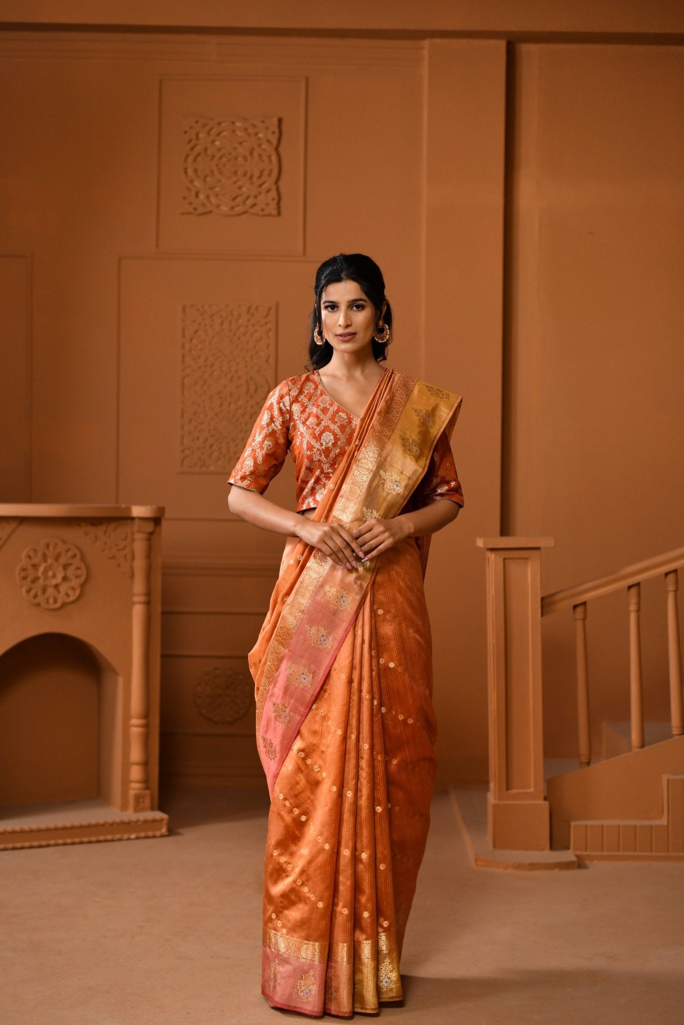 Handwoven Matka Tussar Saree in Brick Tone - Banarasiya