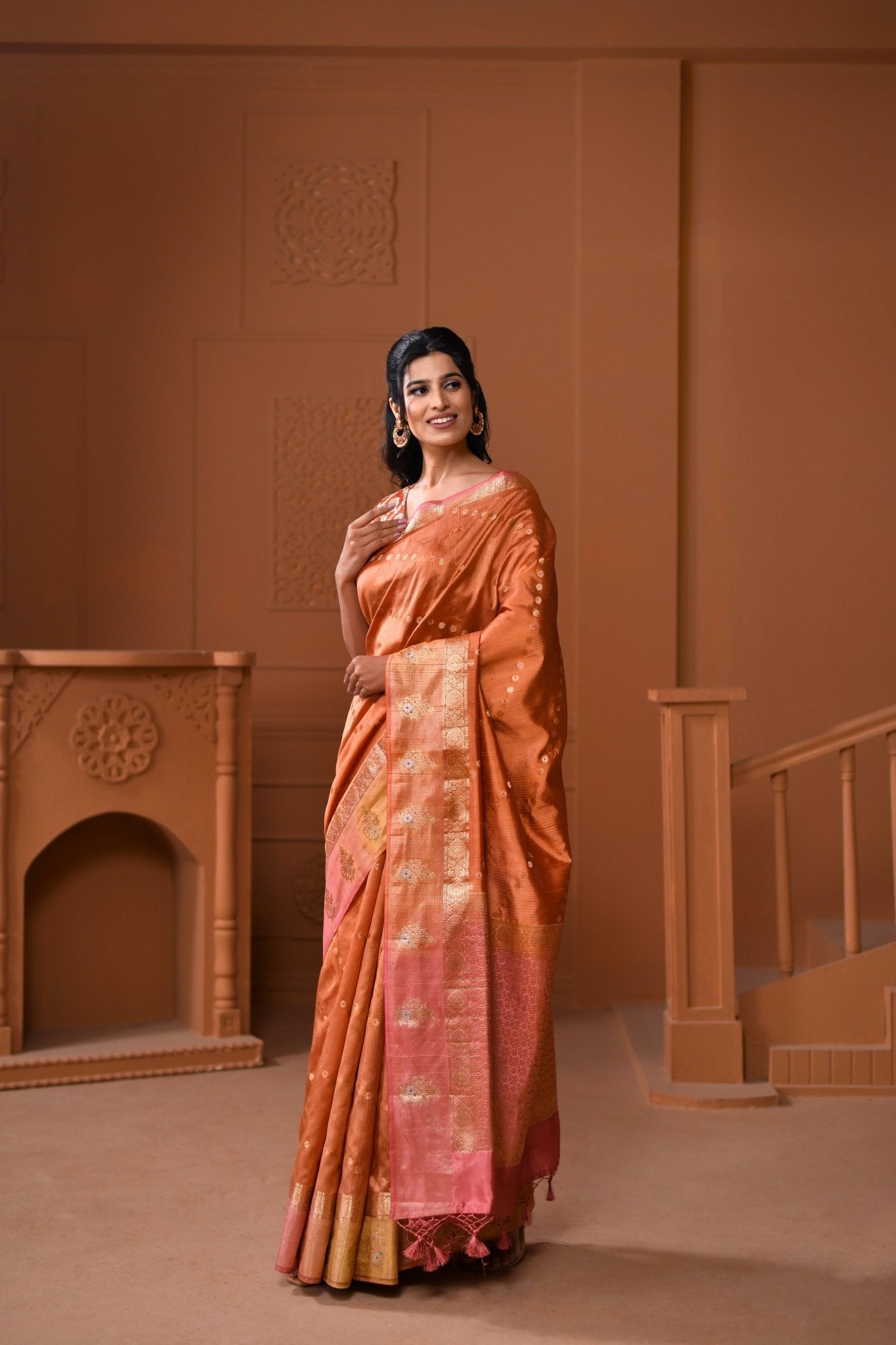 Handwoven Matka Tussar Saree in Brick Tone - Banarasiya