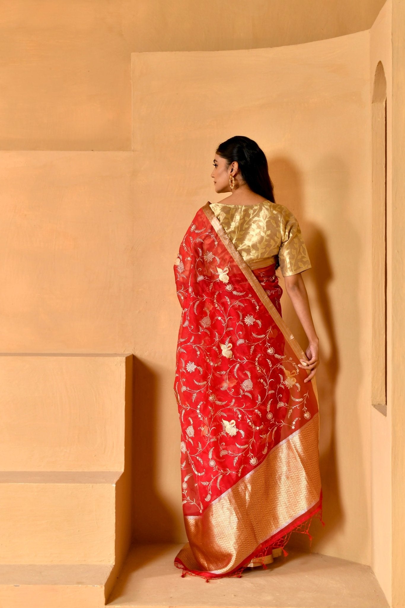 Handwoven Red Organza Saree with Floral Jaal - Banarasiya
