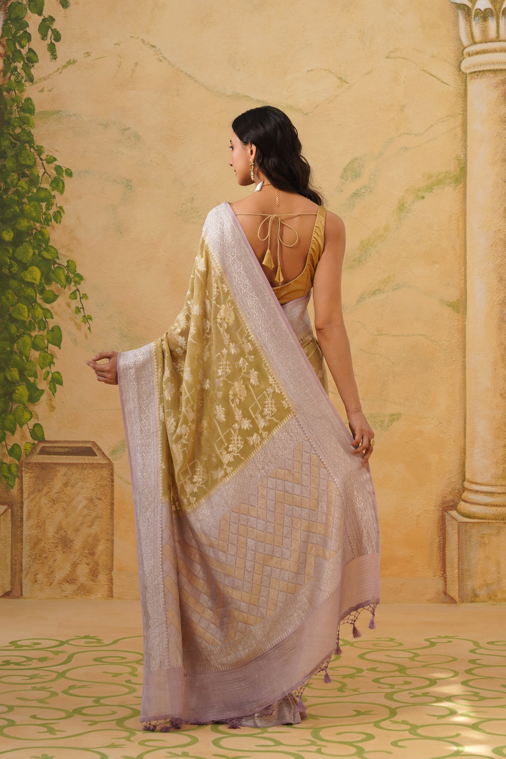 Handwoven Beige Khaddi Georgette Saree with Silver Zari