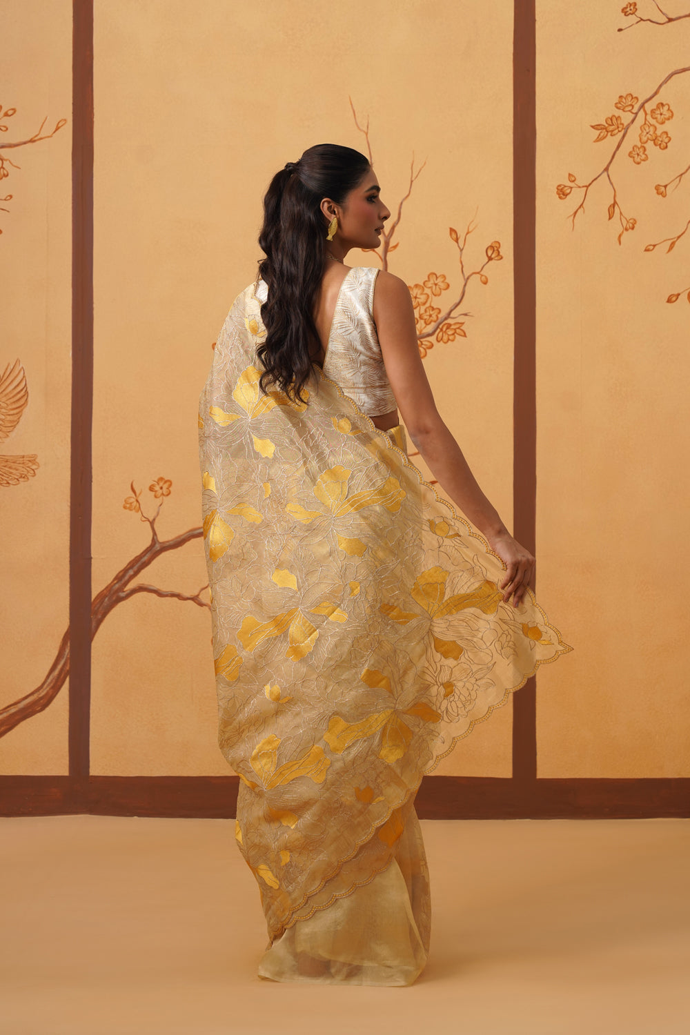 Handwoven Golden Tissue Saree with Appliqué & Embroidery