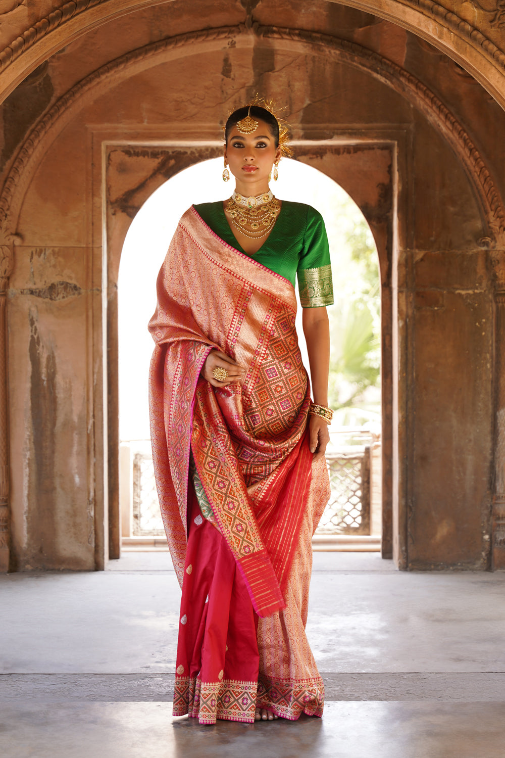 Handwoven Katan Silk Half-and-Half Saree in Crimson and Rose Gold Jaal