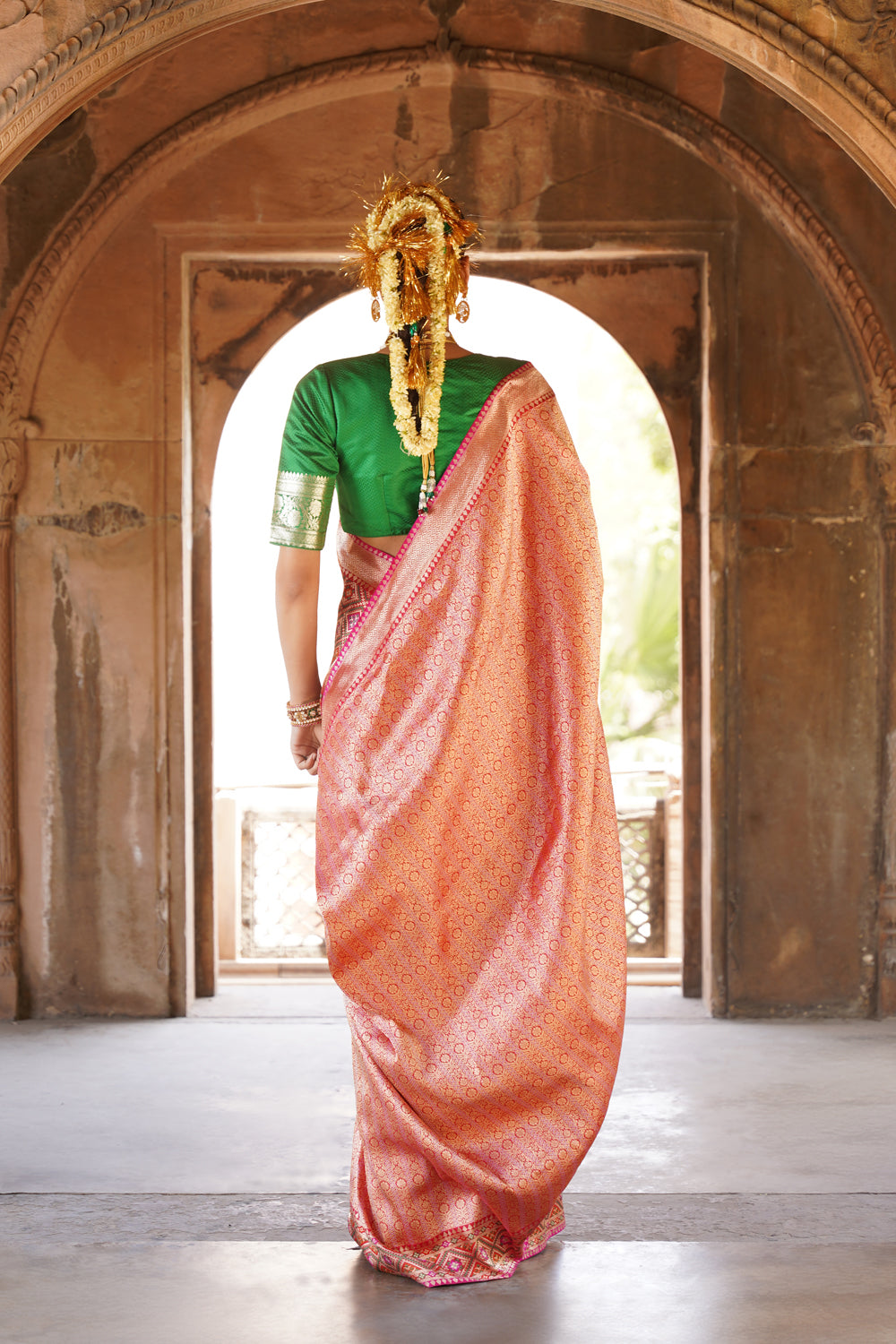 Handwoven Katan Silk Half-and-Half Saree in Crimson and Rose Gold Jaal