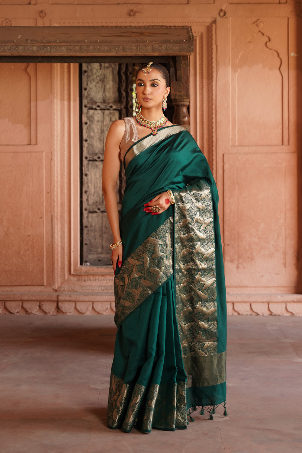 Handwoven Katan Silk Saree in Bottle Green with Silver Bird Motifs