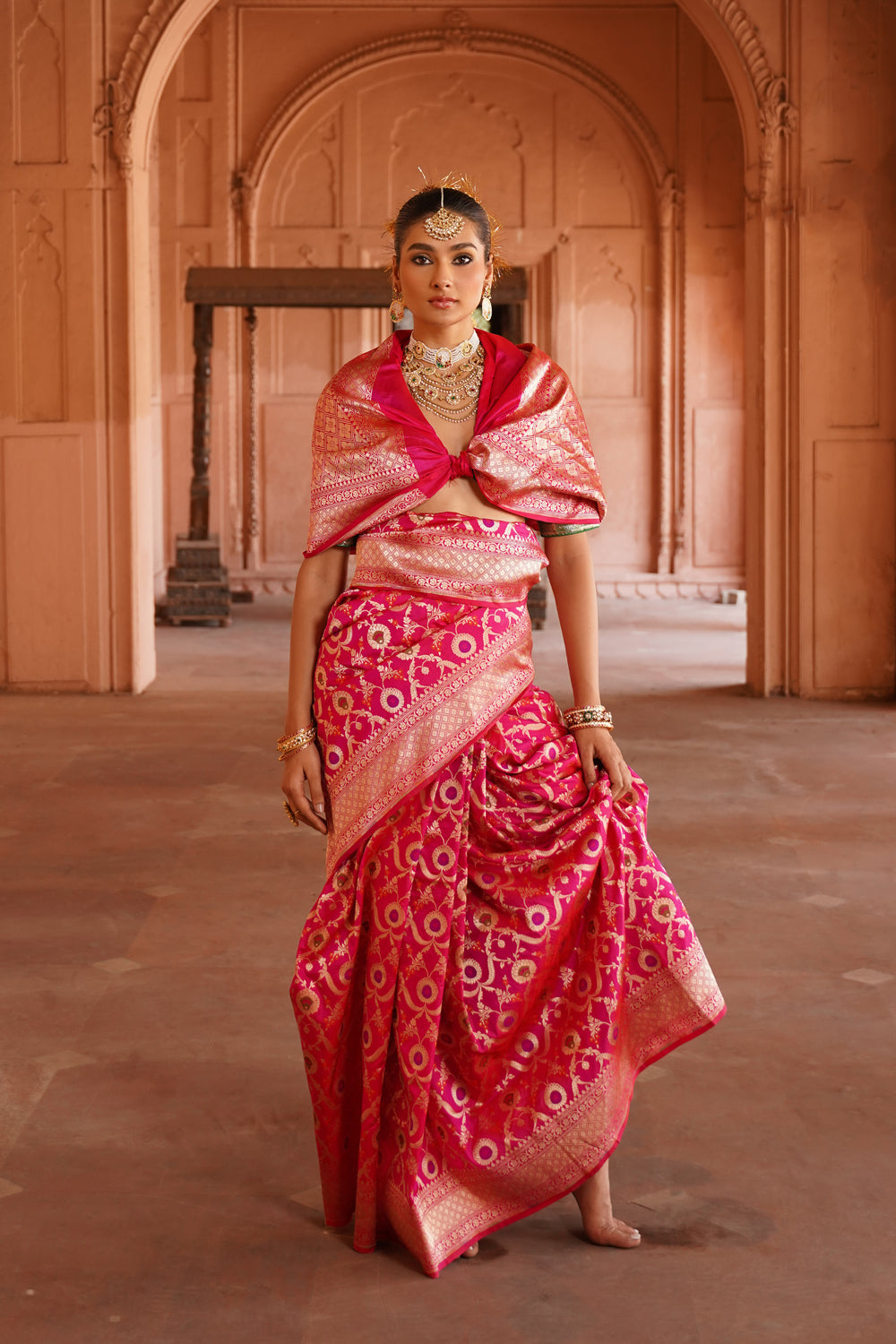 Handwoven Katan Silk Saree in Fuchsia Pink with Ornate Floral Jaal Pallu