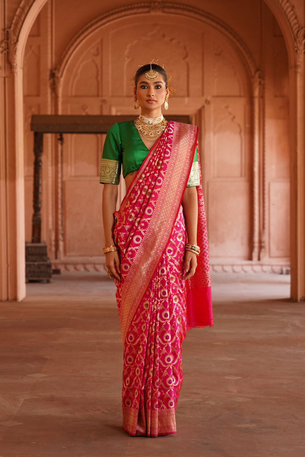 Handwoven Katan Silk Saree in Fuchsia Pink with Ornate Floral Jaal Pallu