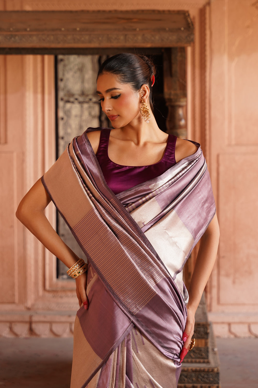 Handwoven Katan Silk Saree in Mauve and Silver Geometric Blocks
