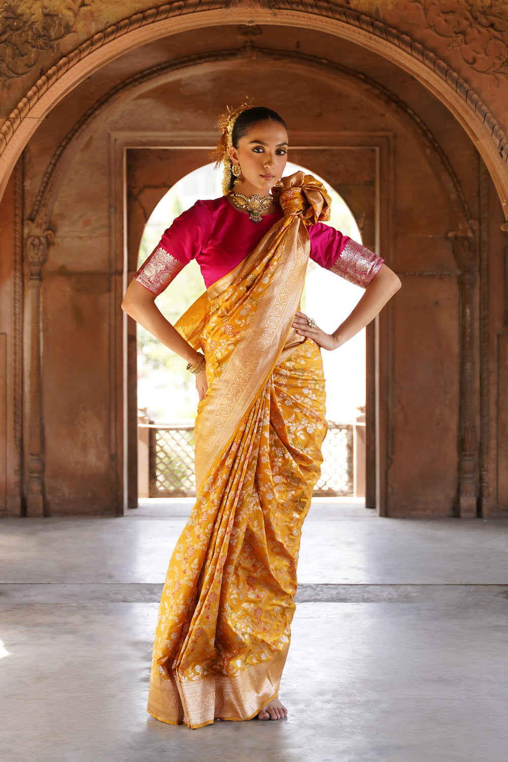 Handwoven Katan Silk Saree in Mustard Gold with All-Over Meenakari Jaal