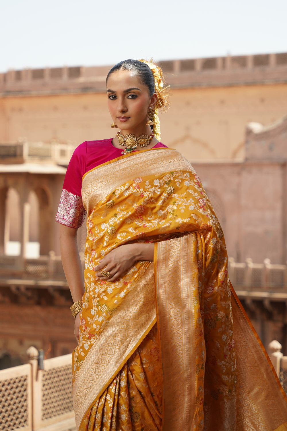 Handwoven Katan Silk Saree in Mustard Gold with All-Over Meenakari Jaal