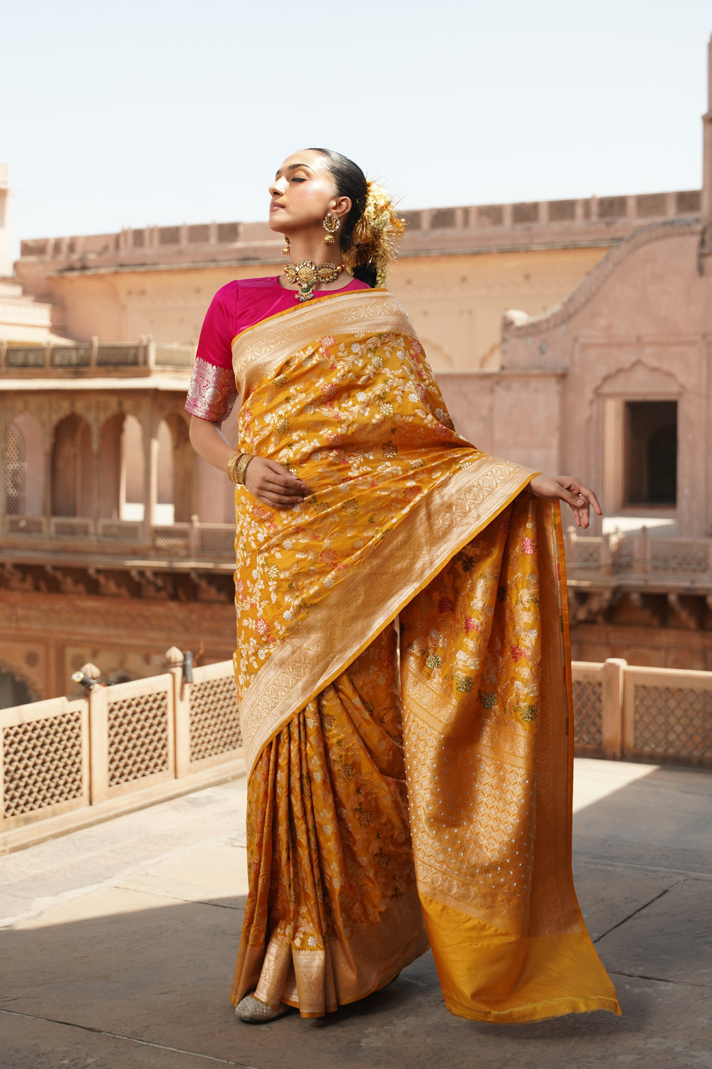 Handwoven Katan Silk Saree in Mustard Gold with All-Over Meenakari Jaal