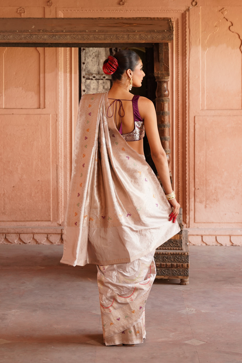 Handwoven Katan Silk Saree in Off-White Silver with All-Over Meenakari