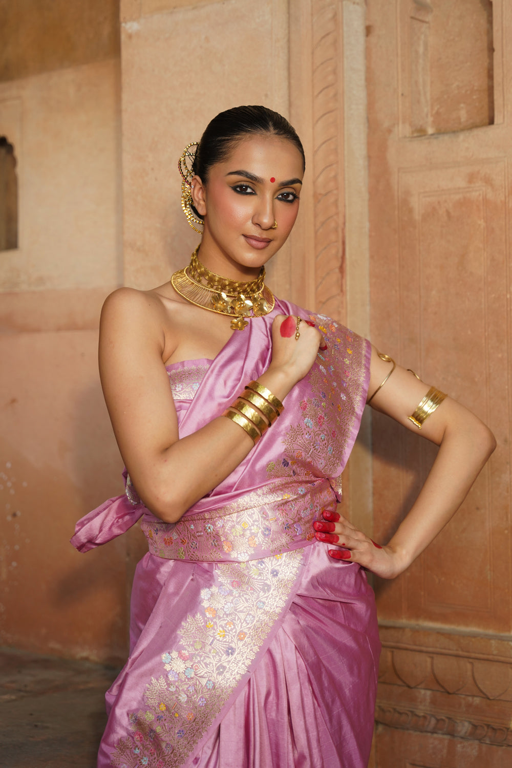 Handwoven Katan Silk Saree in Orchid Pink with Meenakari Creepers
