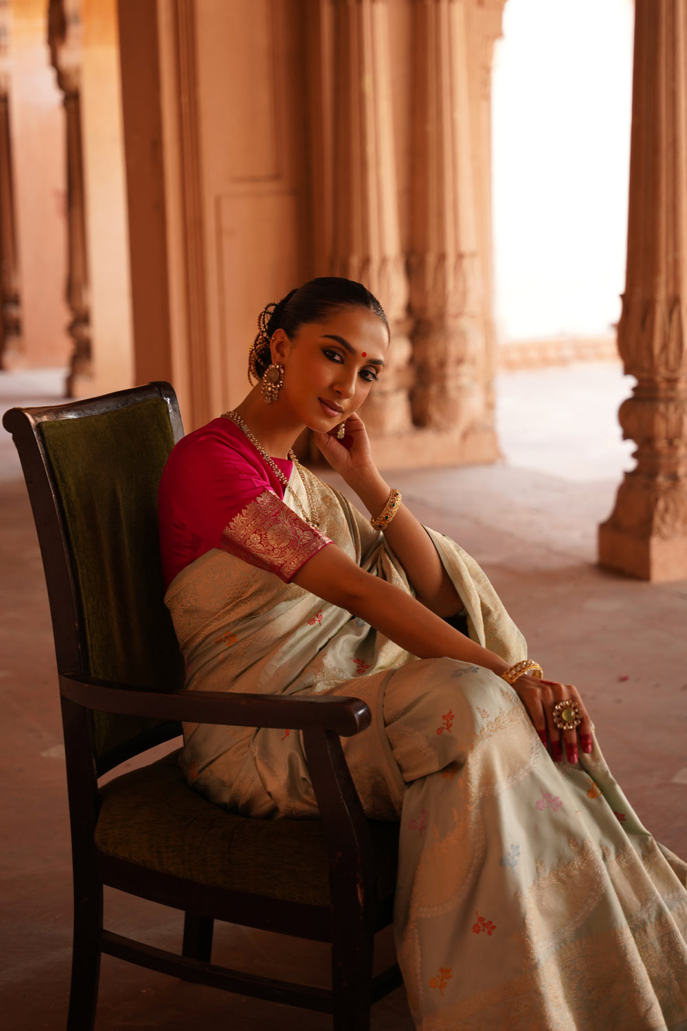 Handwoven Katan Silk Saree in Pastel Mint with Sona-Rupa Meenakari