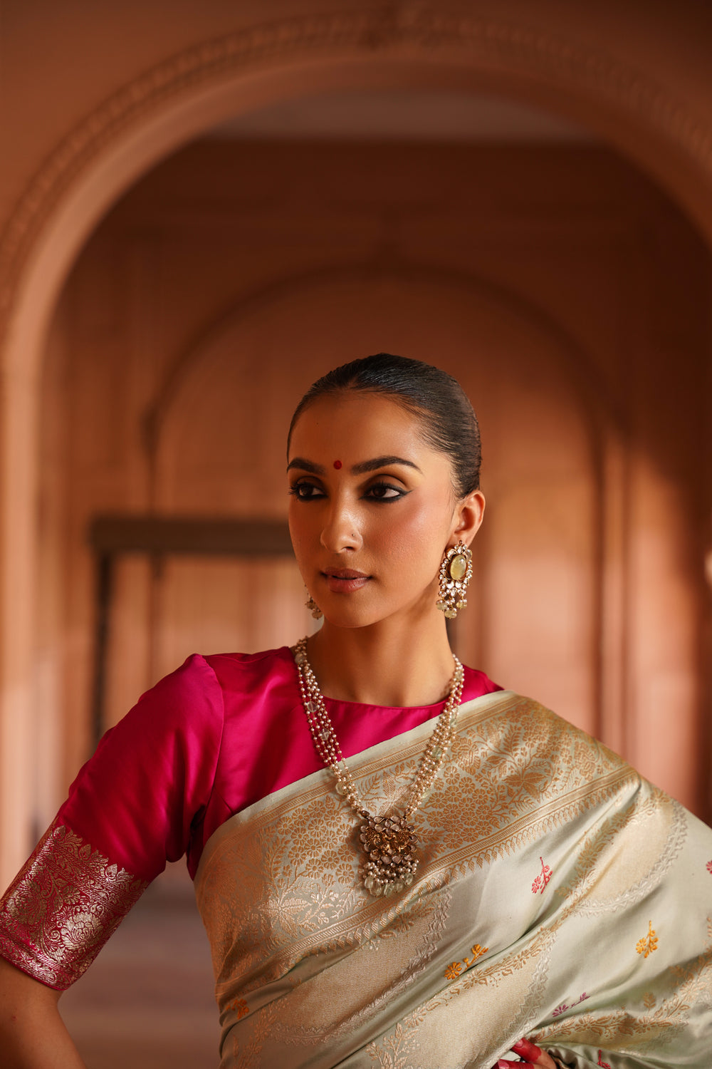 Handwoven Katan Silk Saree in Pastel Mint with Sona-Rupa Meenakari