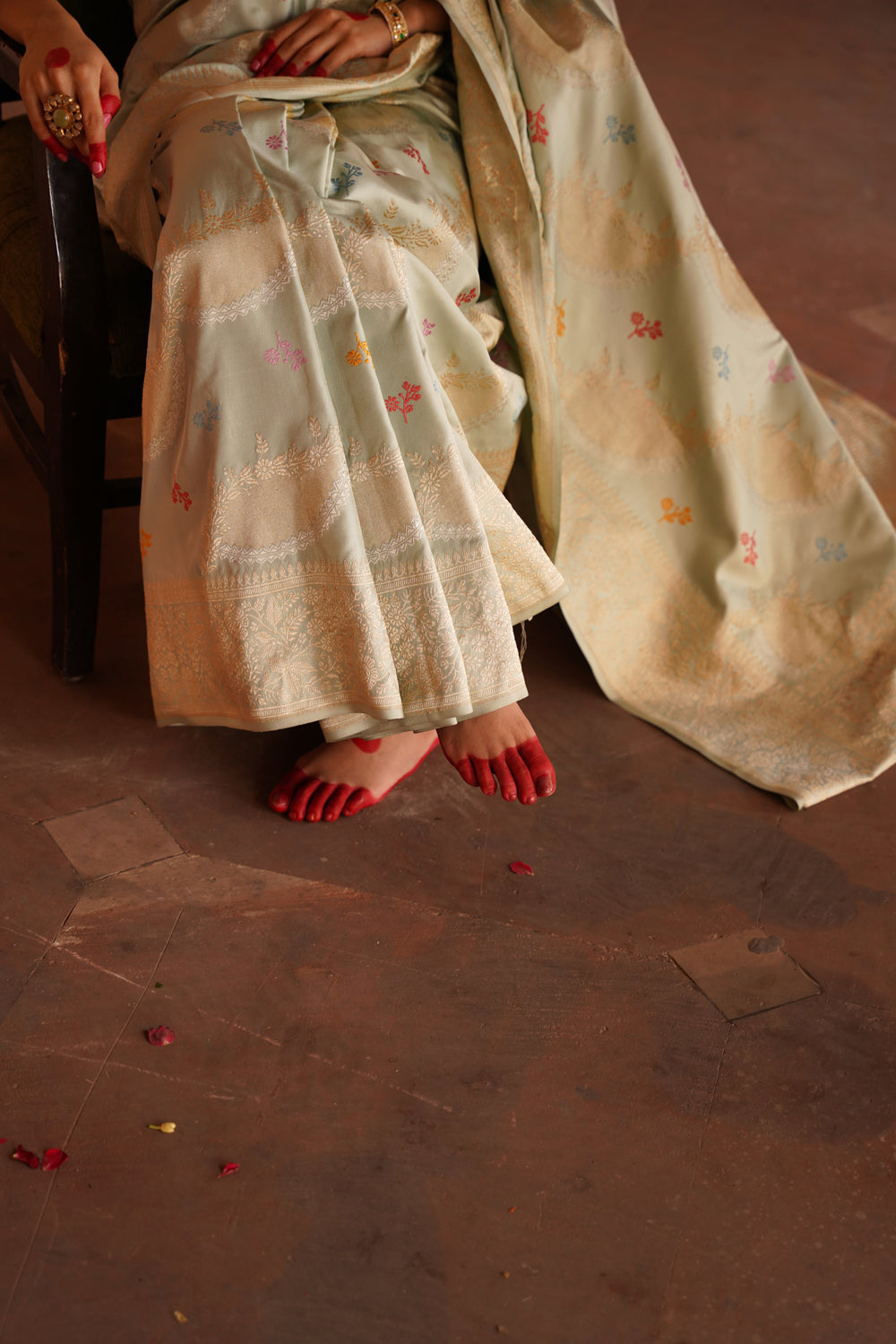 Handwoven Katan Silk Saree in Pastel Mint with Sona-Rupa Meenakari