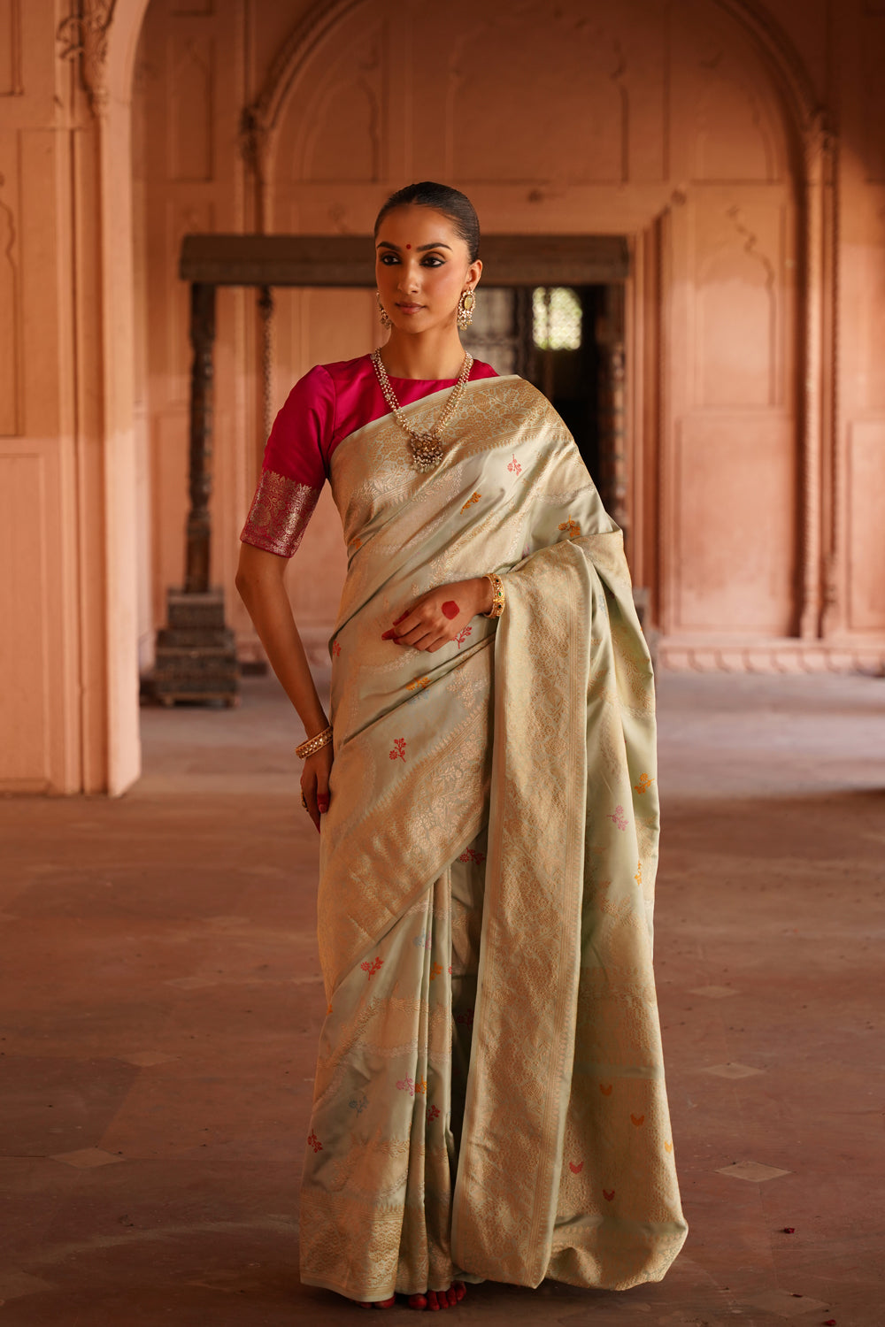 Handwoven Katan Silk Saree in Pastel Mint with Sona-Rupa Meenakari