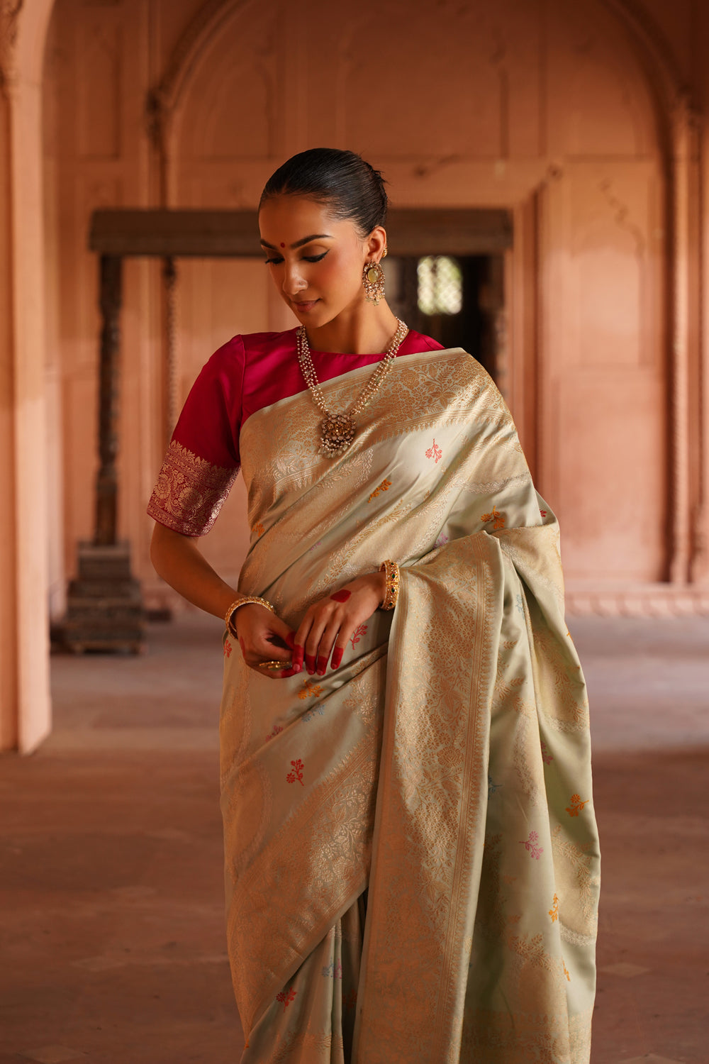 Handwoven Katan Silk Saree in Pastel Mint with Sona-Rupa Meenakari