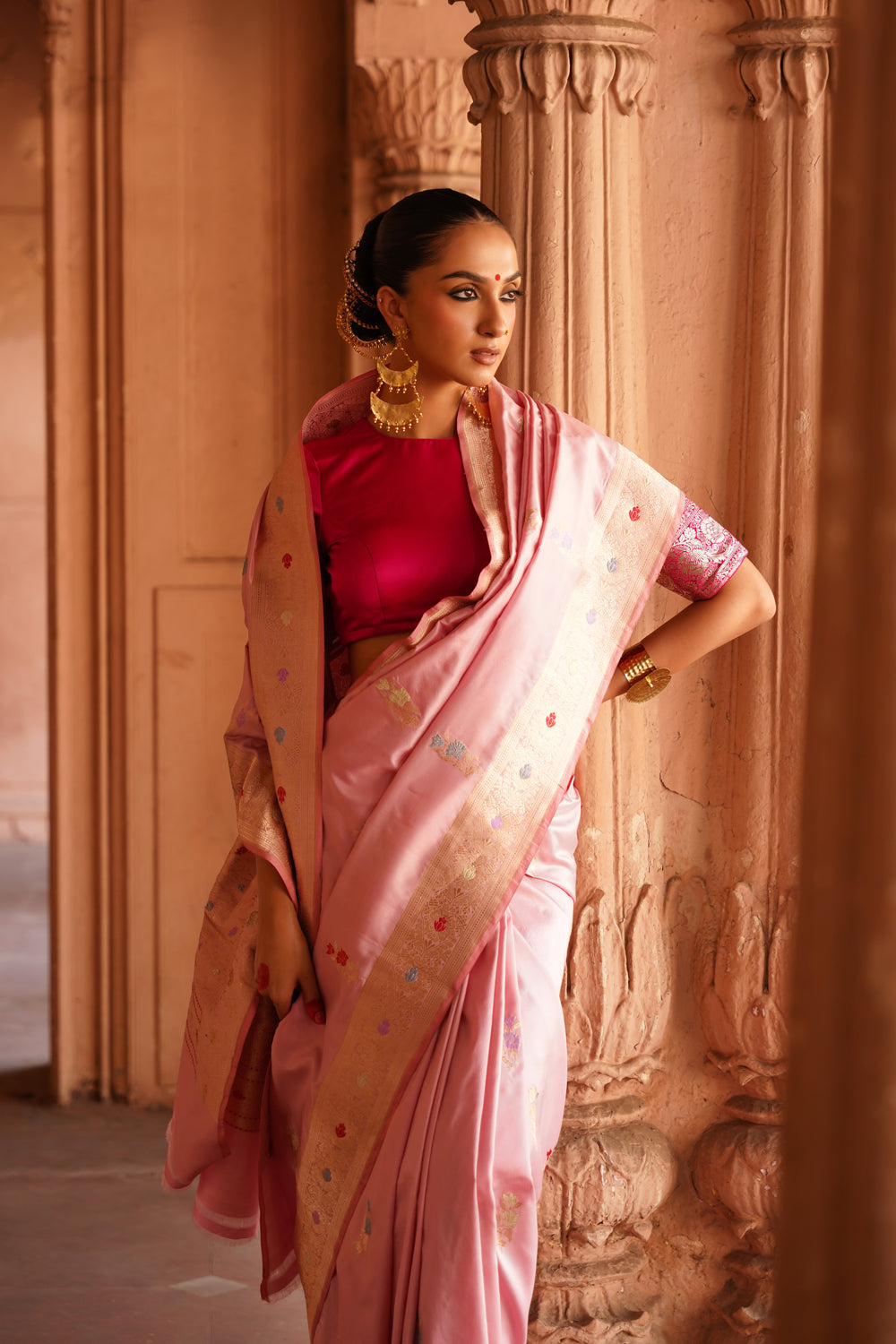 Handwoven Katan Silk Saree in Pastel Pink with Gold Meenakari Bootas