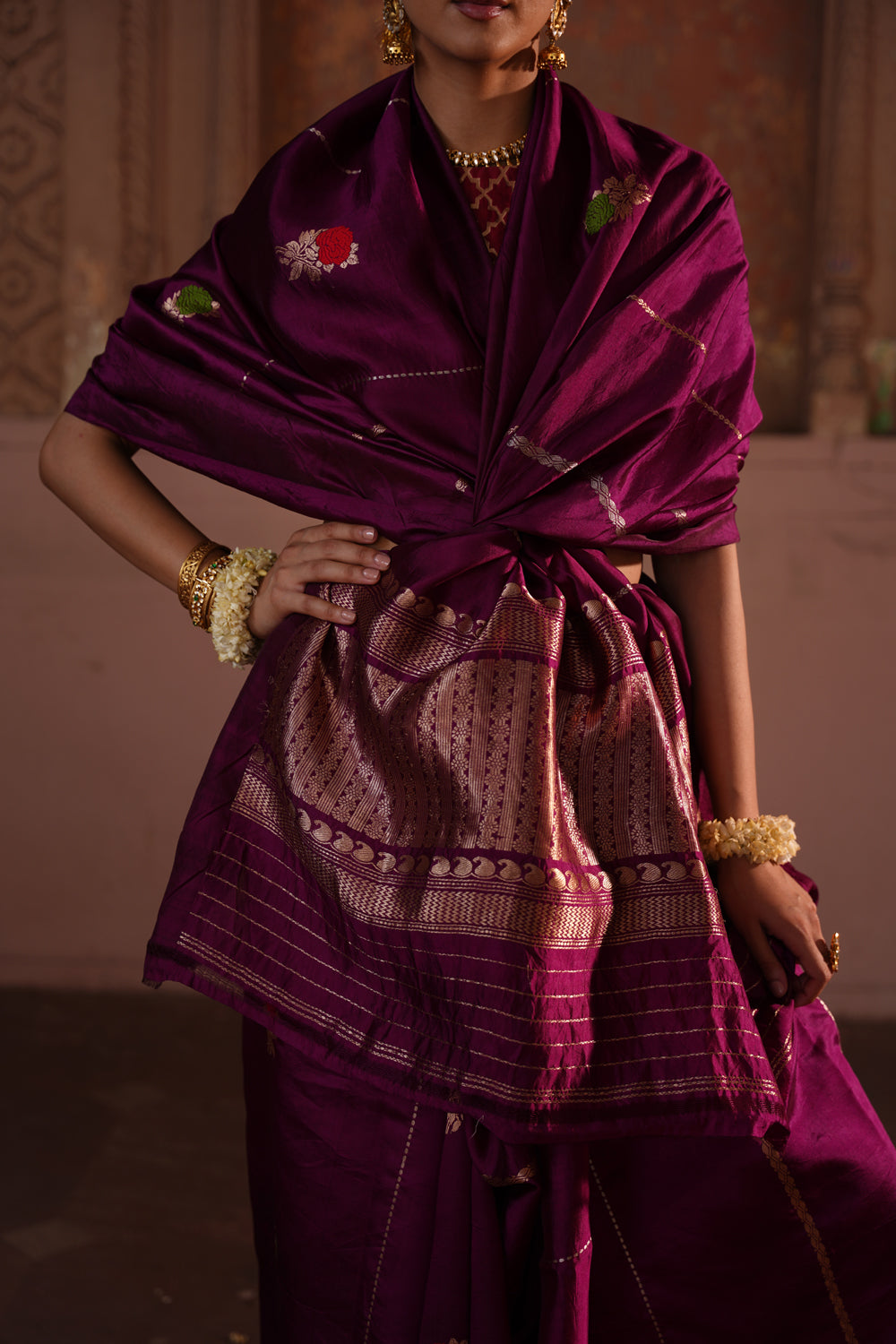 Handwoven Katan Silk Saree in Plum with Geometric Pallu and Meenakari