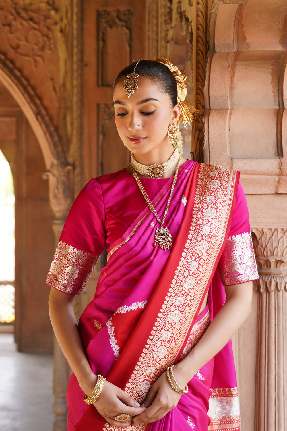 Handwoven Katan Silk Saree in Rani Pink & Crimson with Sona-Rupa Bootis