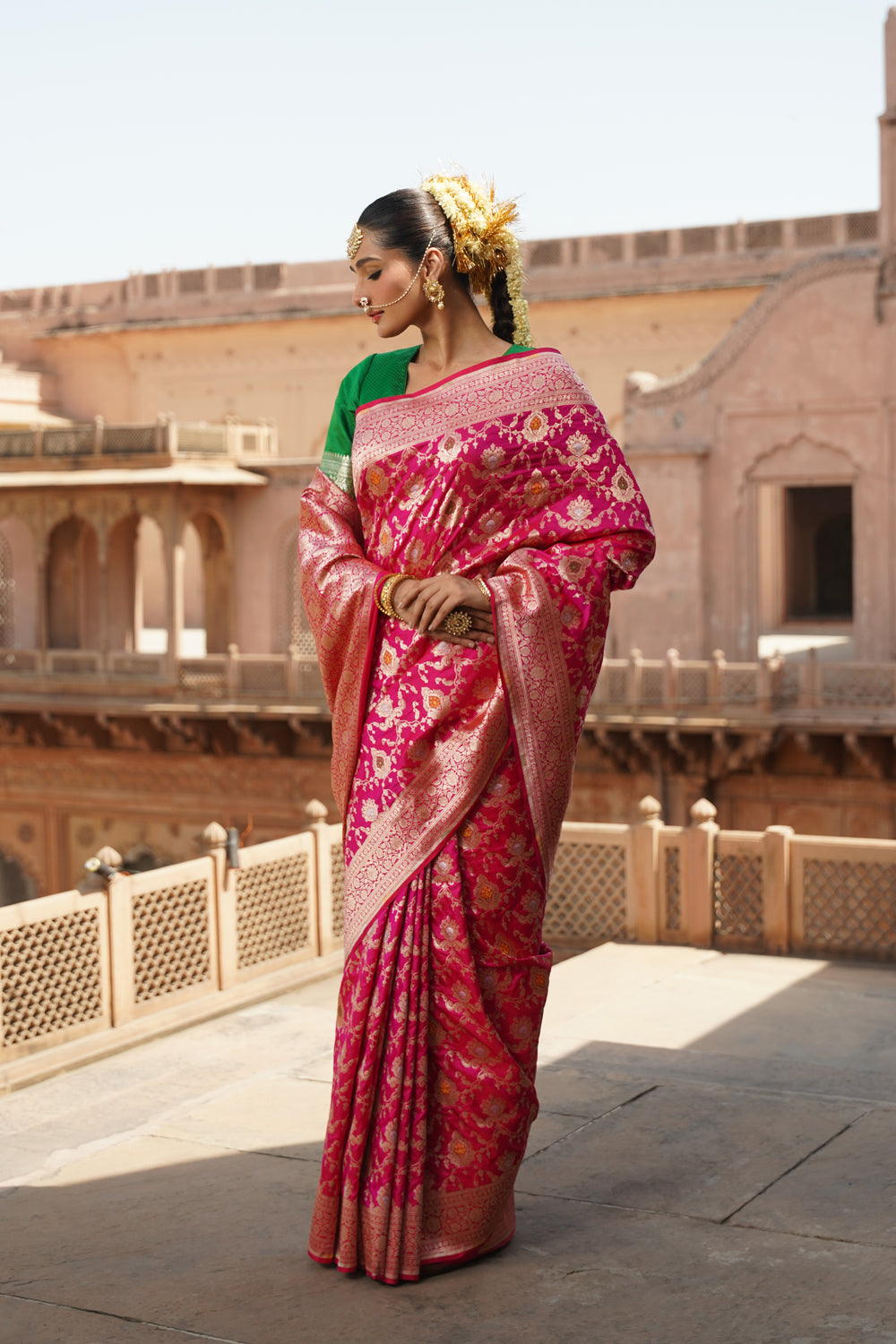 Handwoven Katan Silk Saree in Rani Pink with Heavy Floral Meenakari Jaal