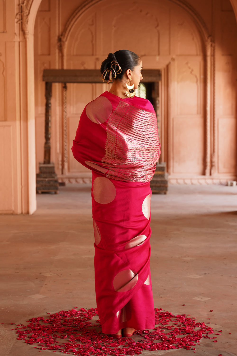 Handwoven Katan Silk Saree in Rani Pink with Sona-Rupa Geometric Blocks