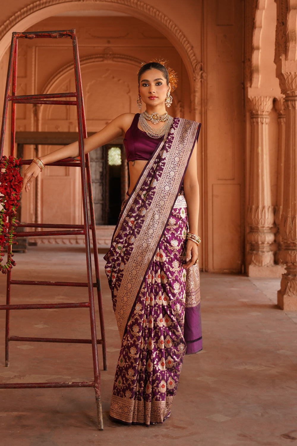 Handwoven Katan Silk Saree in Royal Wine with Sona-Rupa Meenakari Jaal