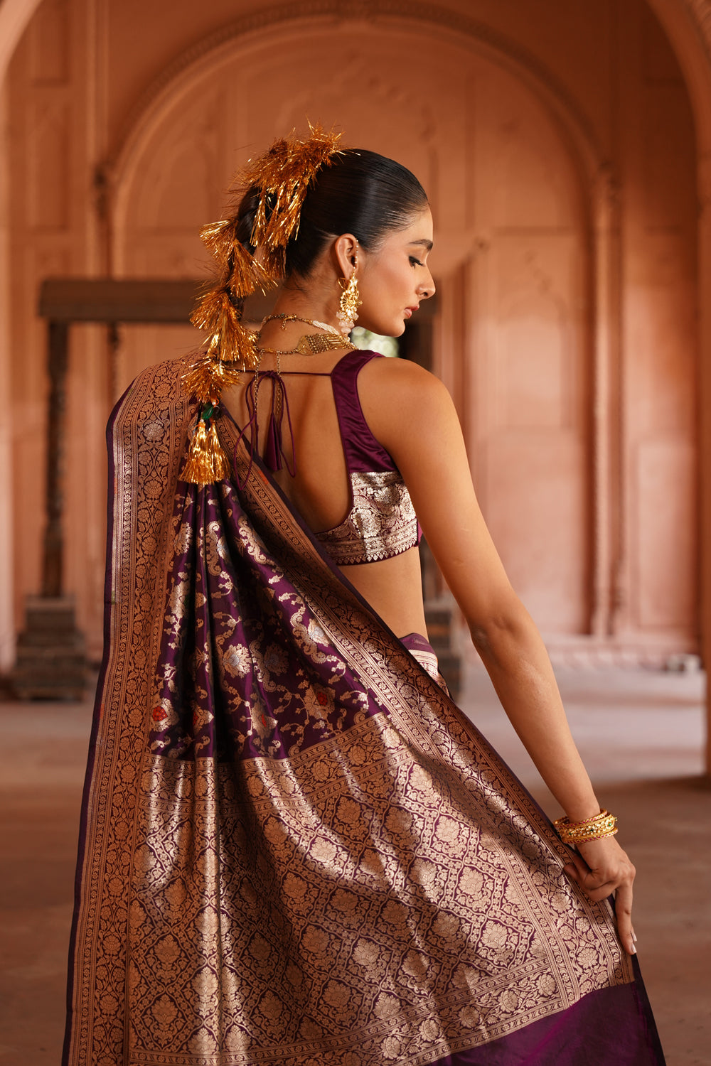 Handwoven Katan Silk Saree in Royal Wine with Sona-Rupa Meenakari Jaal