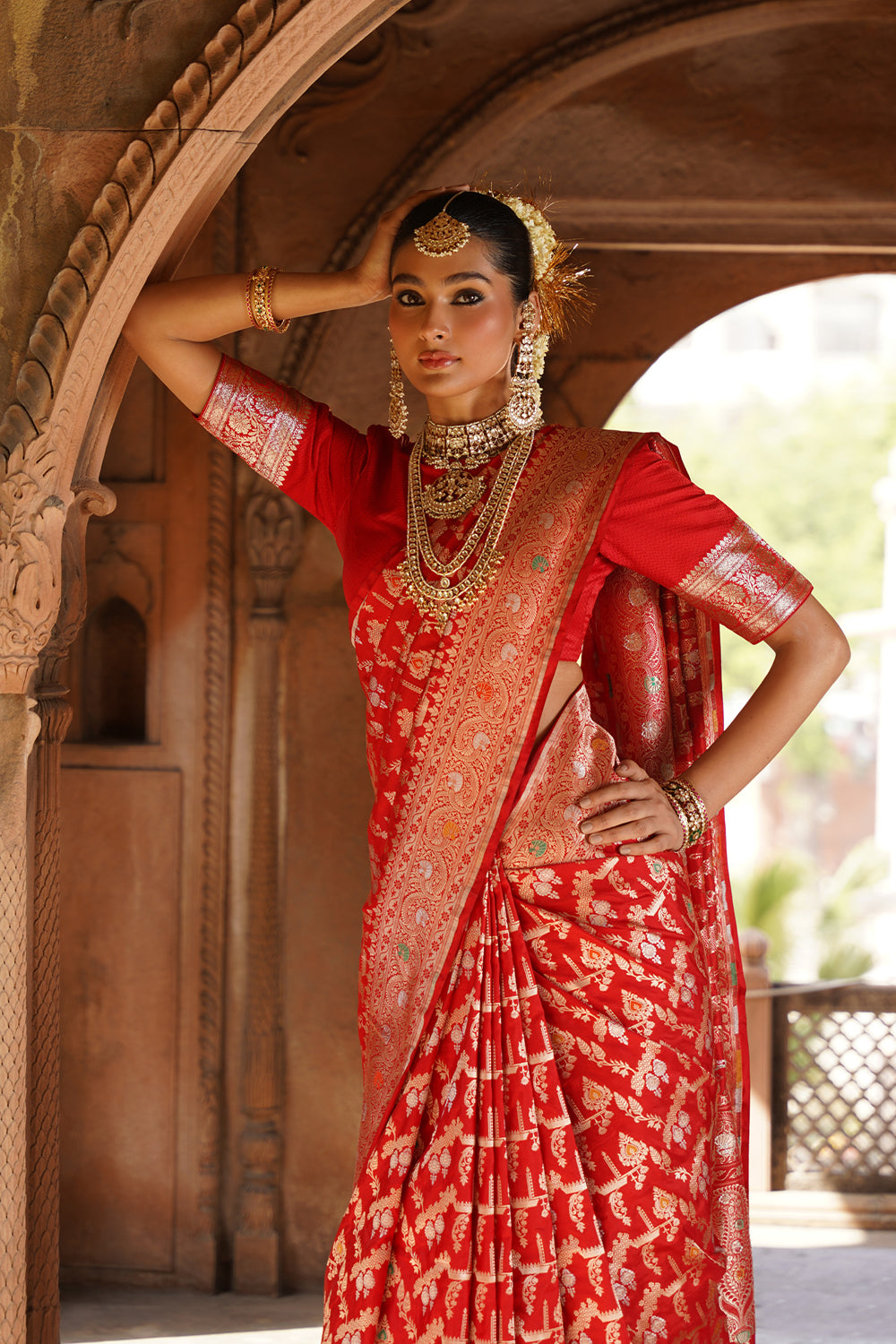 Handwoven Katan Silk Saree in Wedding Red with Ornate Meenakari Floral Jaal