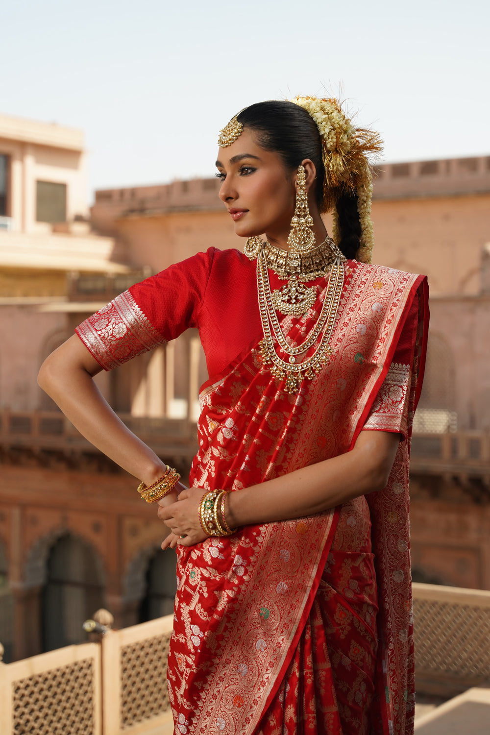 Handwoven Katan Silk Saree in Wedding Red with Ornate Meenakari Floral Jaal
