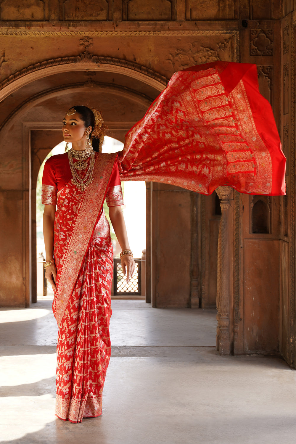 Handwoven Katan Silk Saree in Wedding Red with Ornate Meenakari Floral Jaal
