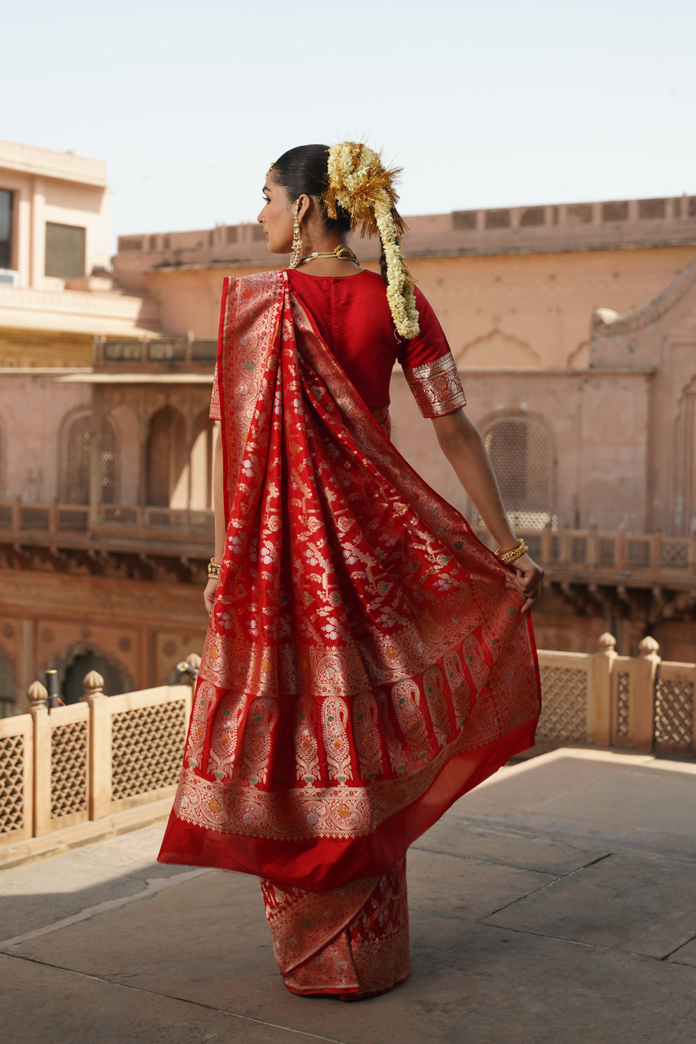 Handwoven Katan Silk Saree in Wedding Red with Ornate Meenakari Floral Jaal
