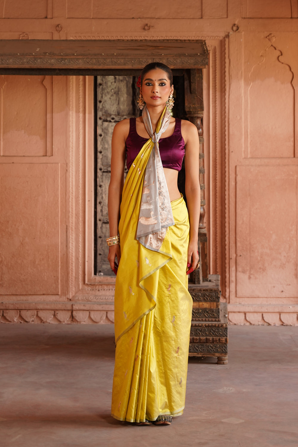 handwoven-katan-silk-saree-with-bird-motifs-in-lime-and-grey