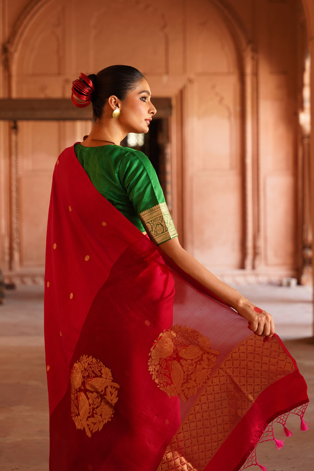 Handwoven Katan Silk Saree with Organza Pallu in Hot Pink