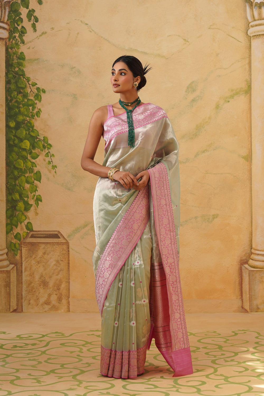 Handwoven Mint Green Tissue Saree with Pink Zari Borders