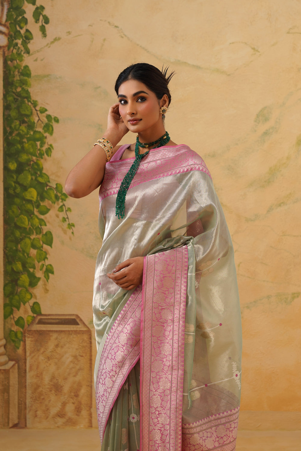 Handwoven Mint Green Tissue Saree with Pink Zari Borders