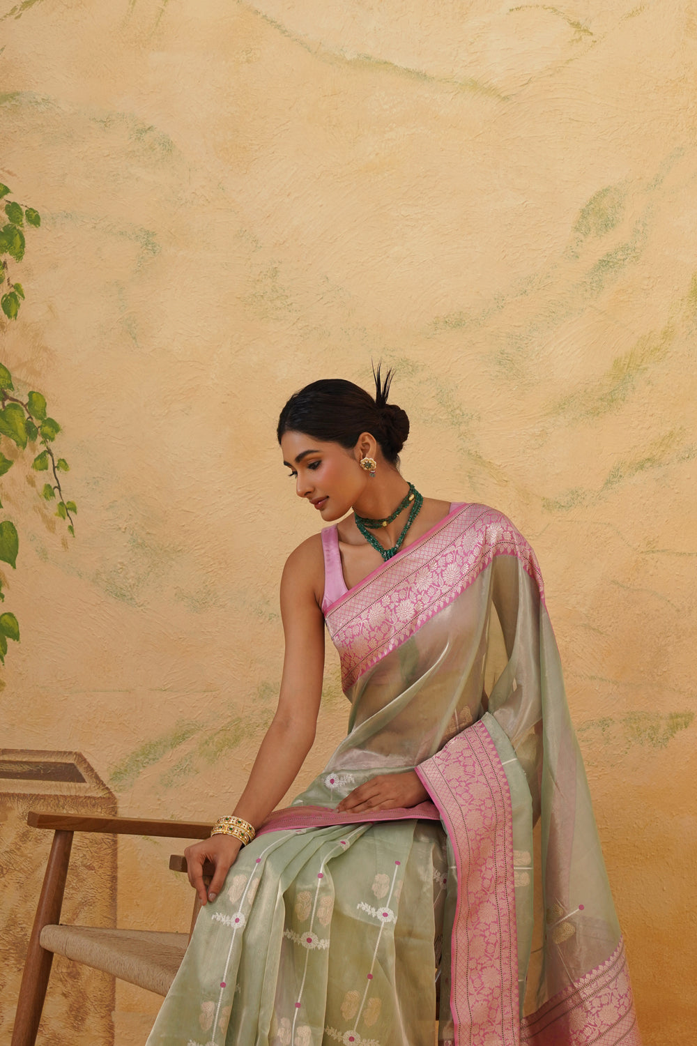 Handwoven Mint Green Tissue Saree with Pink Zari Borders