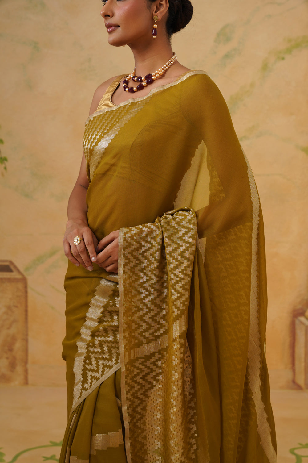 Handwoven Olive Green Chiffon Saree with Geometric Weave