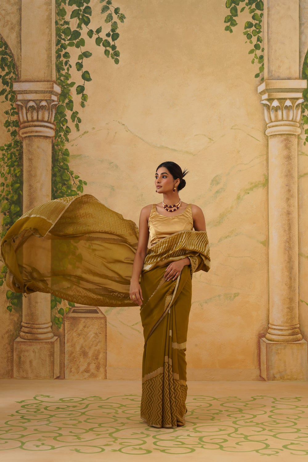 Handwoven Olive Green Chiffon Saree with Geometric Weave