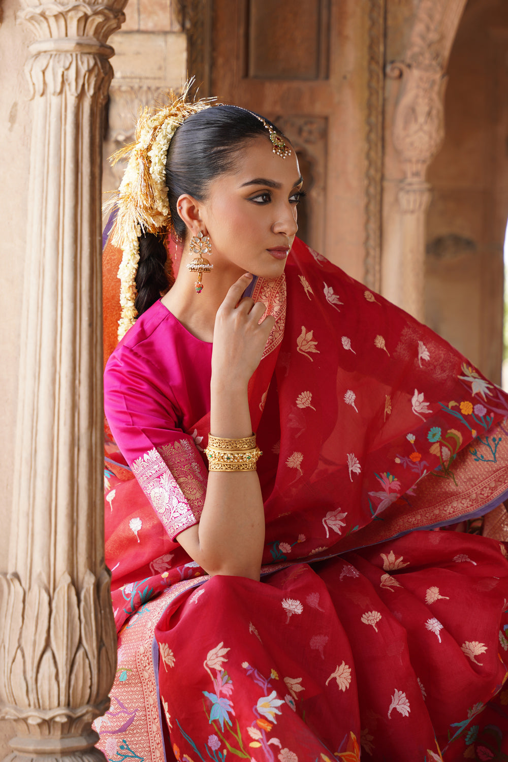 Handwoven Organza Silk Jamdani Saree in Crimson Red