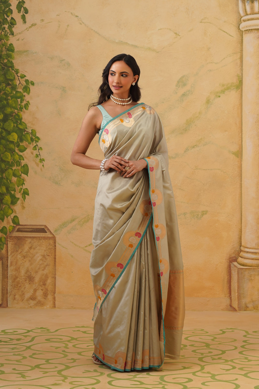 Handwoven Sage Grey Katan Silk Saree with Scalloped Meenakari Border