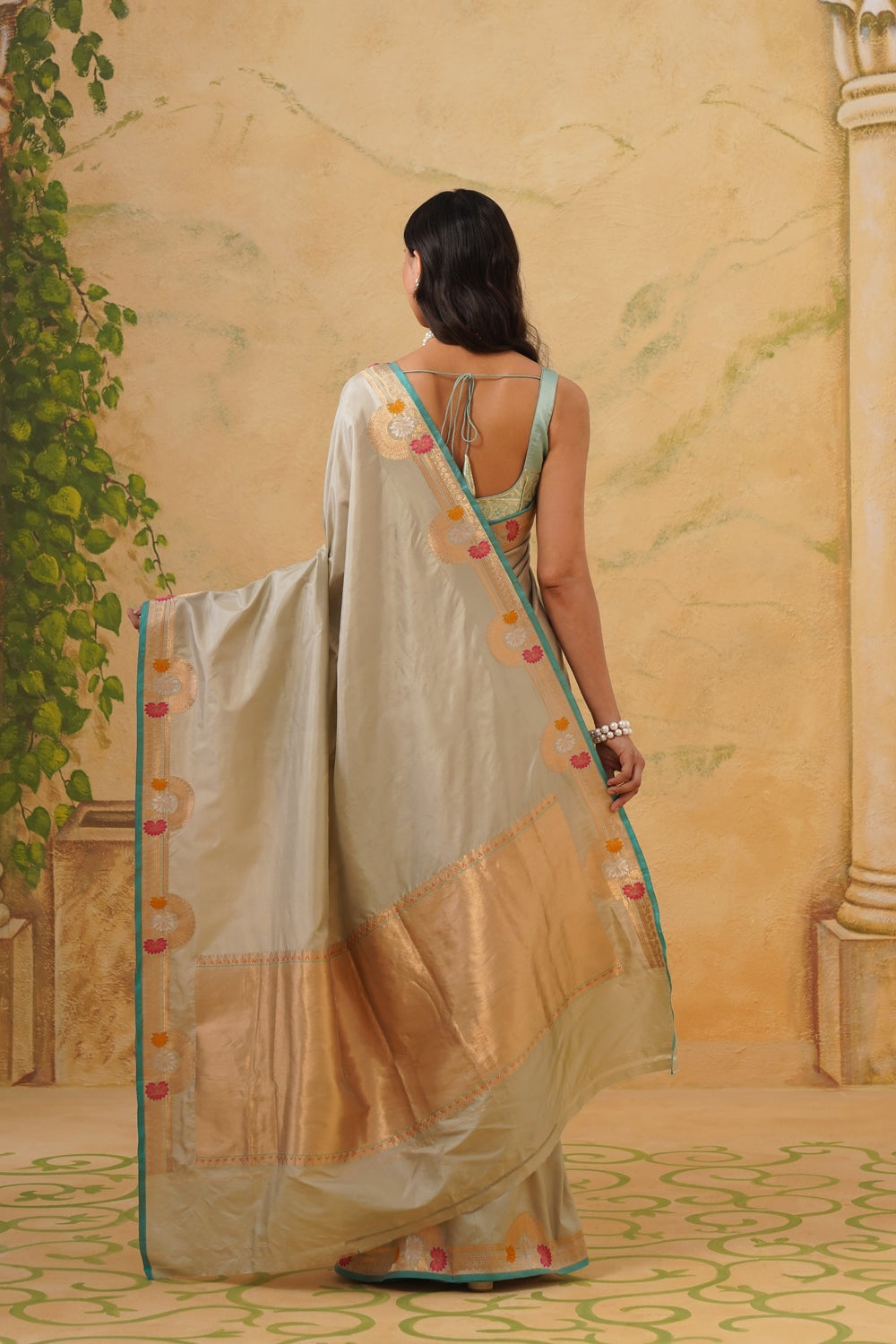Handwoven Sage Grey Katan Silk Saree with Scalloped Meenakari Border